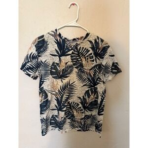 Voyage Mens Tropical Palm Henley T-Shirt Grey Navy Floral Short Sleeve Medium